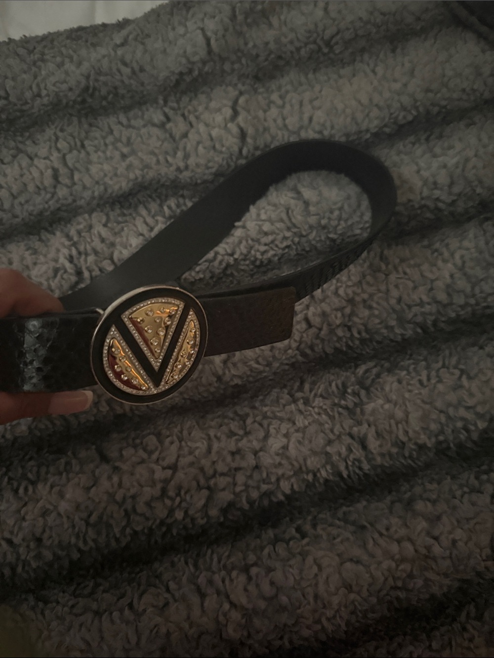Valentino Garavani Black Textured Leather Belt with Gold V Logo Buckle
